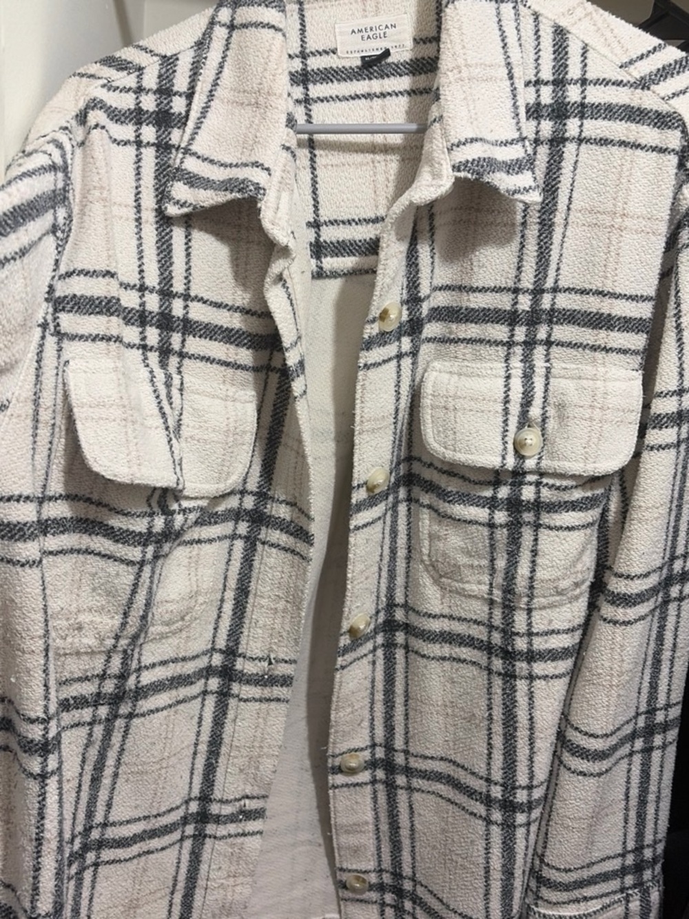 American Eagle Outfitters Cream and Black Plaid Button-Up Shacket